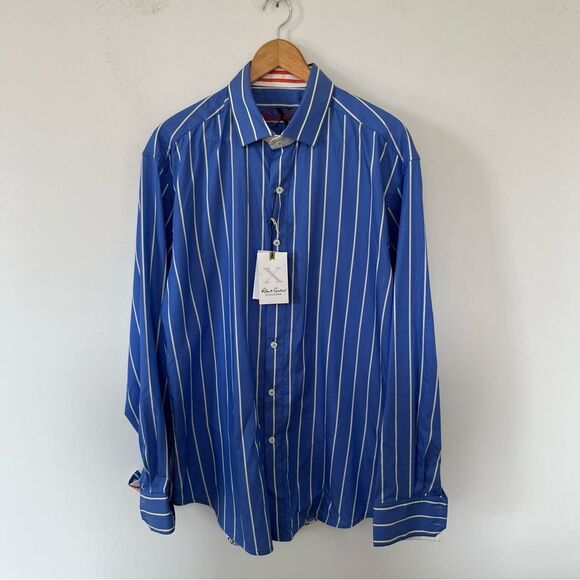 Robert Graham NWT "Aruba" Blue White Stripe Cotton Button Down Dress Shirt - Picture 10 of 16